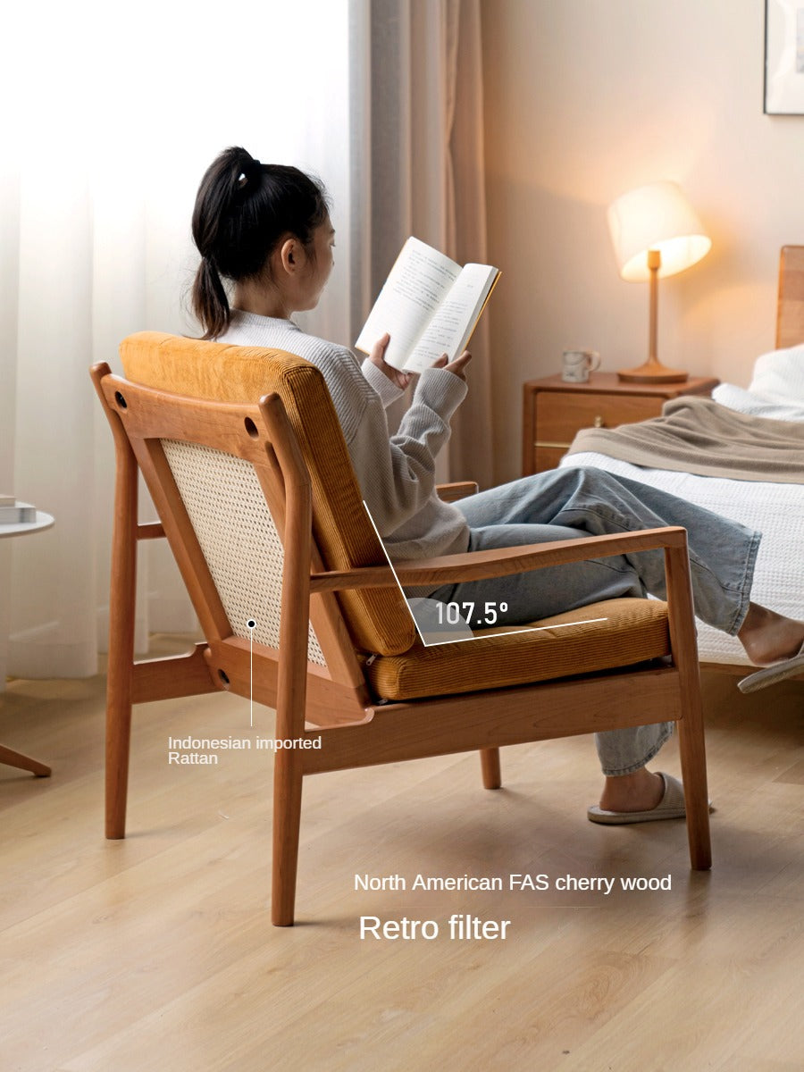 Cherry Solid Wood, Rattan Retro Armchair)
