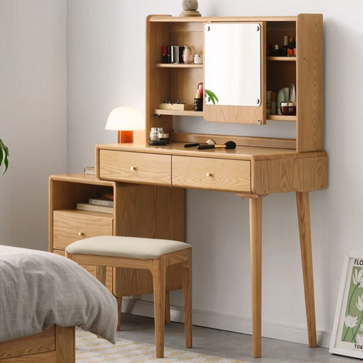 Ash Solid Wood Dressing Table with Mirror Shelf & Flip Cover.
