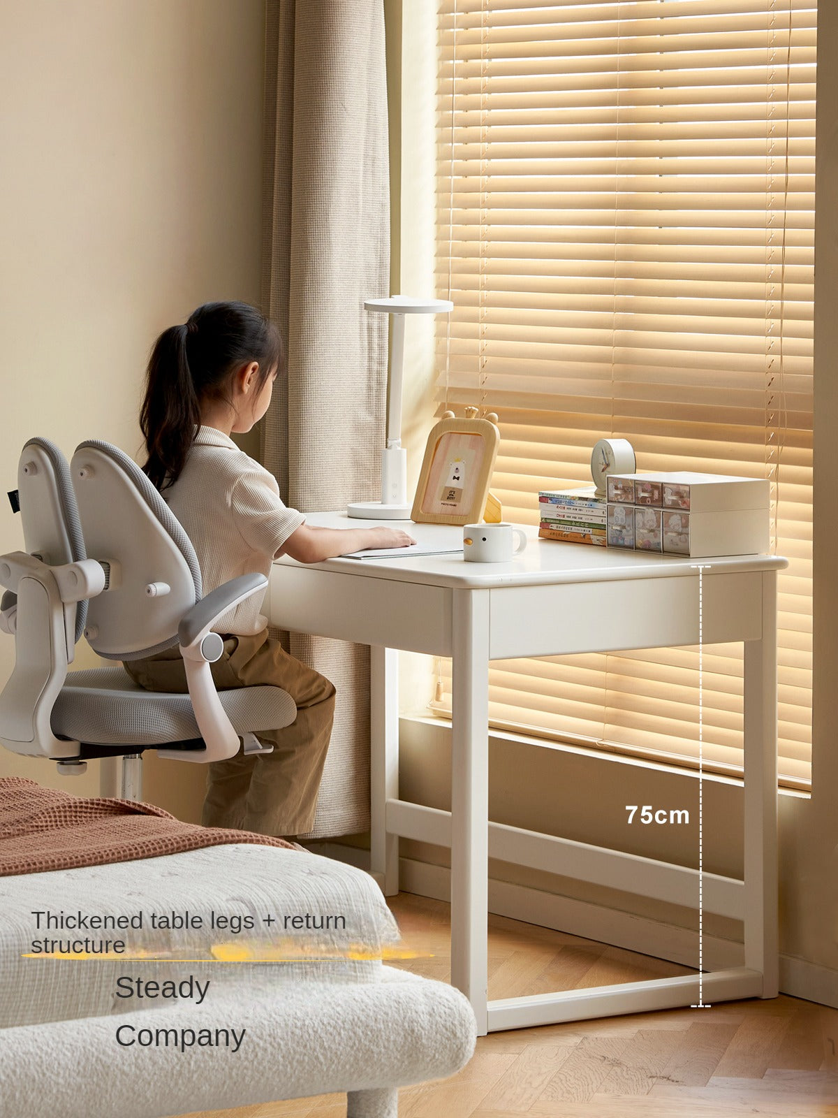 Poplar Solid Wood Study Table Writing Desk White Cream