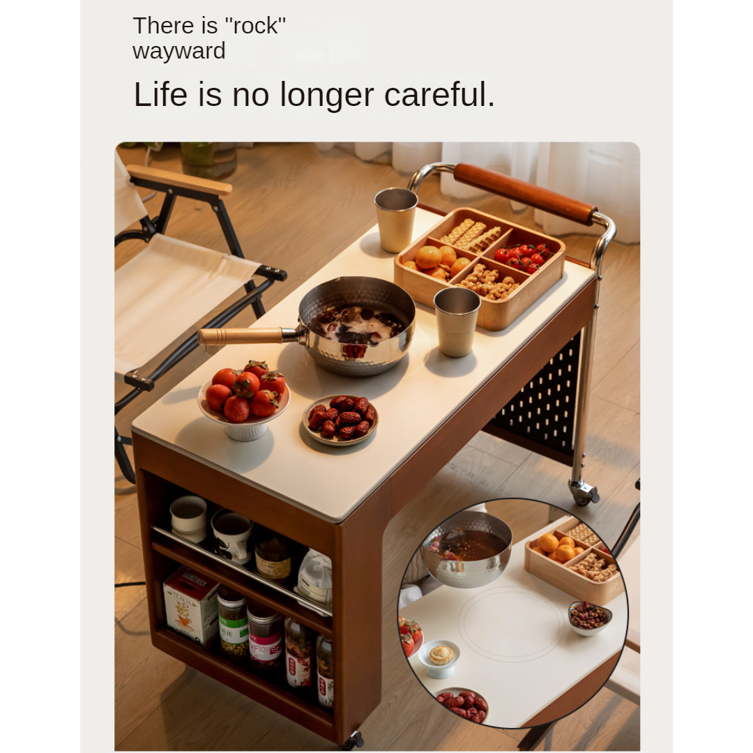 Poplar Solid Wood Coffee Table, Mobile Side Table for Making Tea Around The Stove.