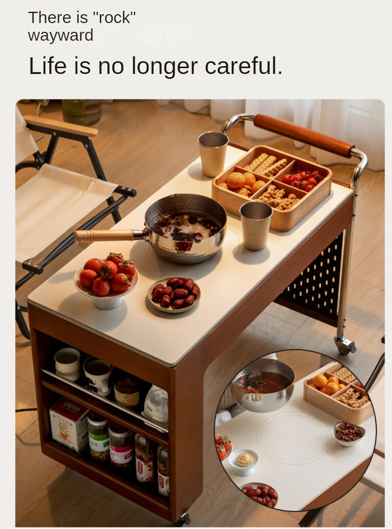 Tulipwood Solid Wood Mobile Side Table for Making Tea Around The Stove.