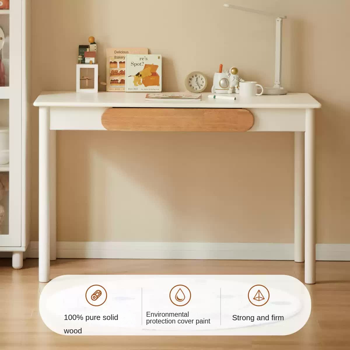 Rubber Solid Wood Cream Style Children's Writing Desk.
