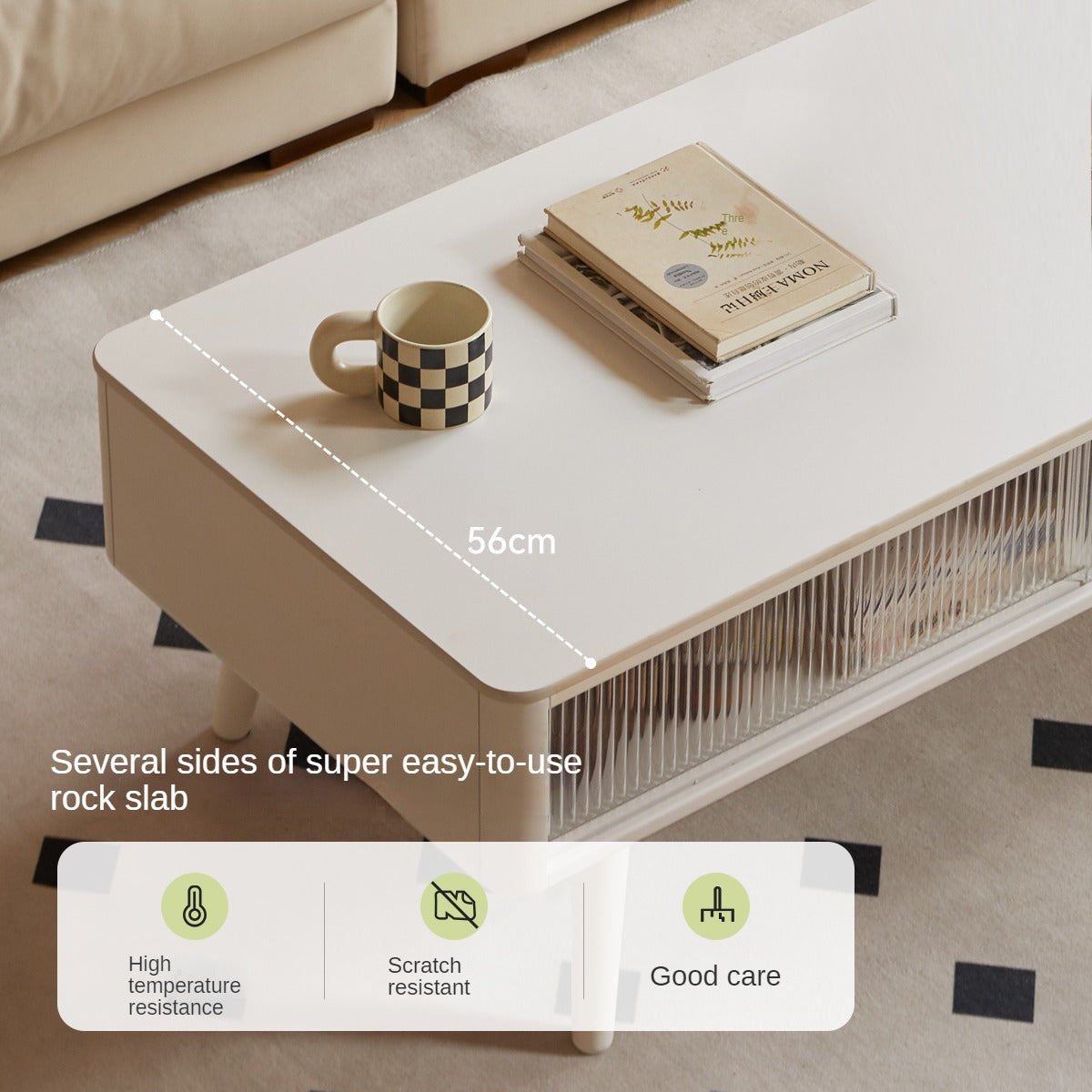 Rubber Solid Wood White Cream Style Rock Plate Coffee Table