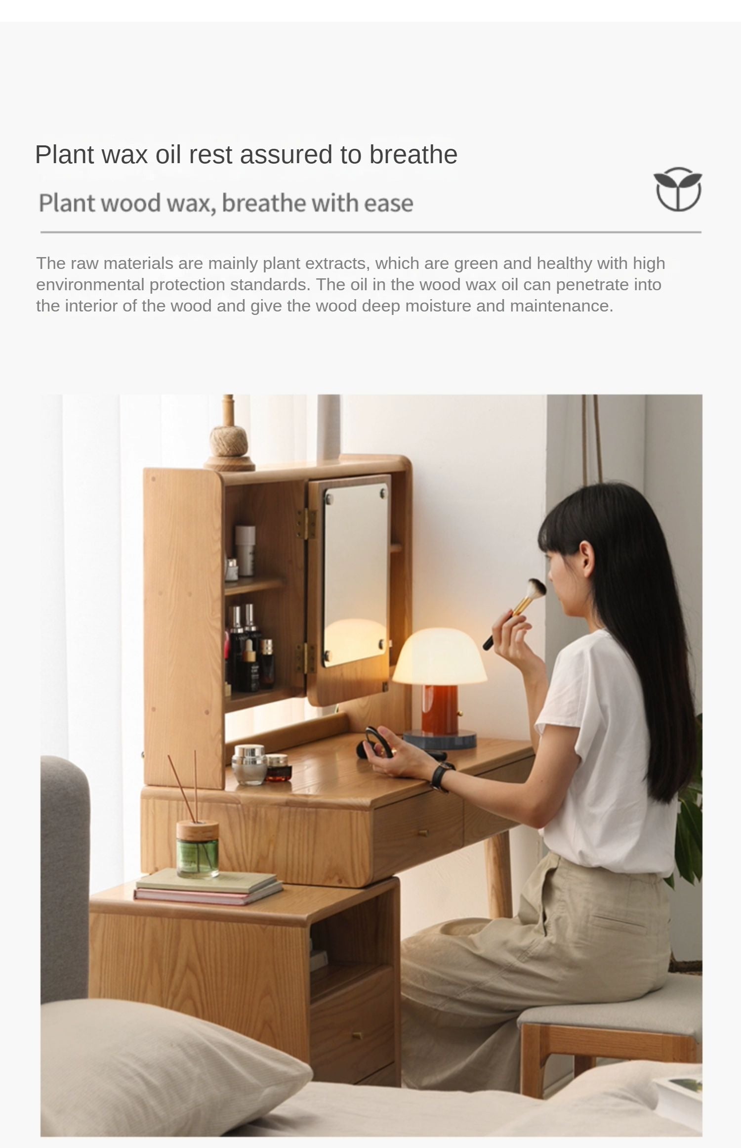 Ash Solid Wood Dressing Table with Mirror Shelf & Flip Cover.