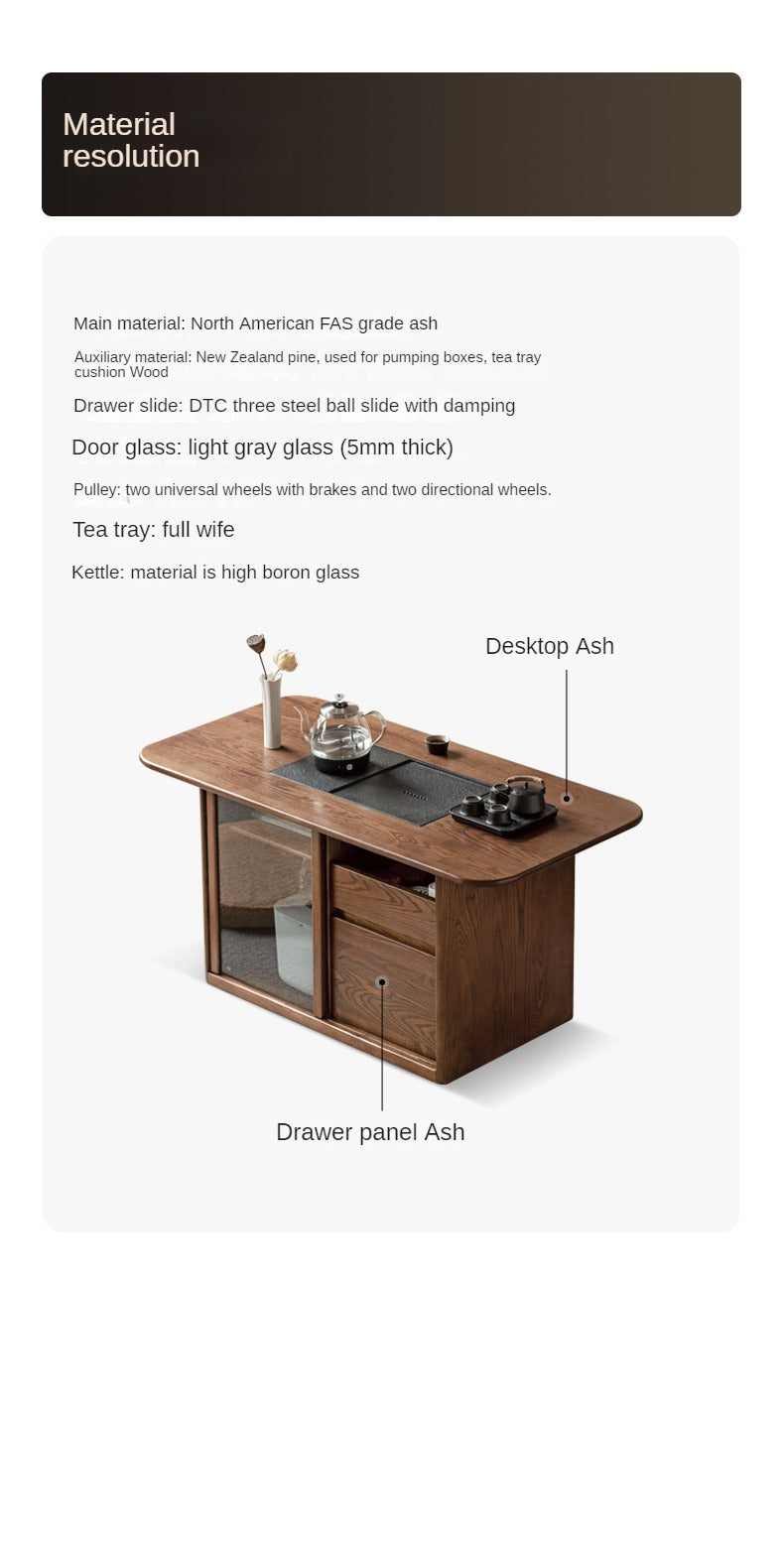 Ash Solid Wood Mobile Tea Brewing Integrated Tea Table