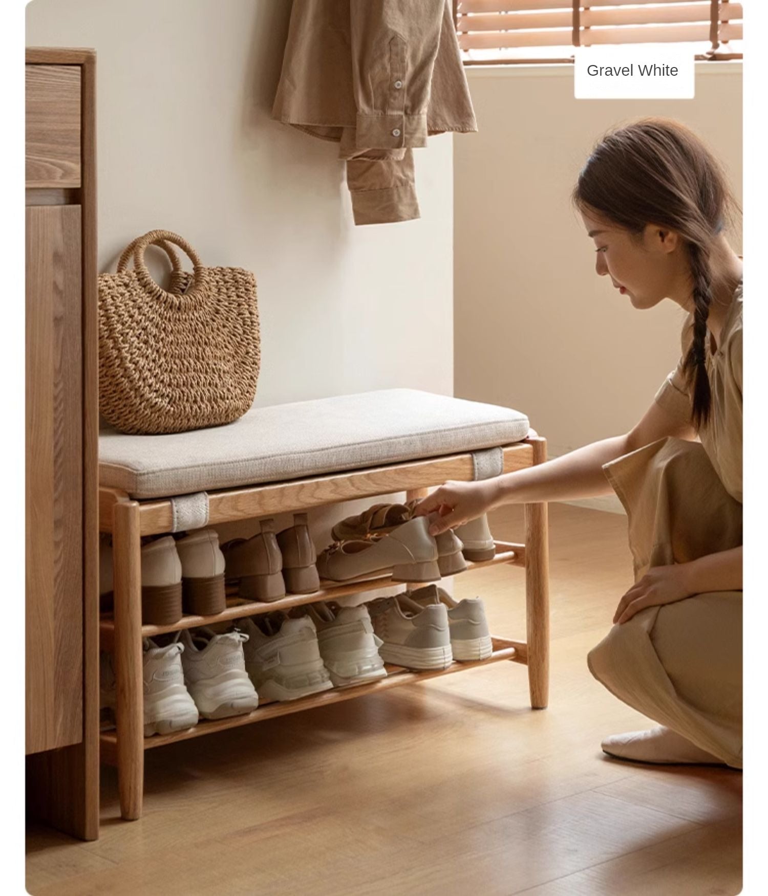 Oak Solid Wood, Solid Rubberwood Modern Shoe Changing Stool