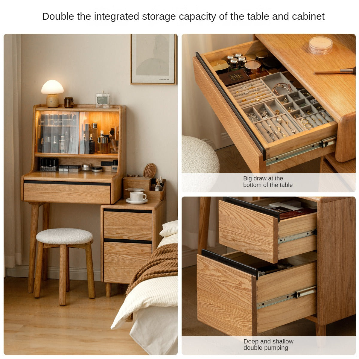 Oak, Ash Solid Wood Vanity Table with Shelf.