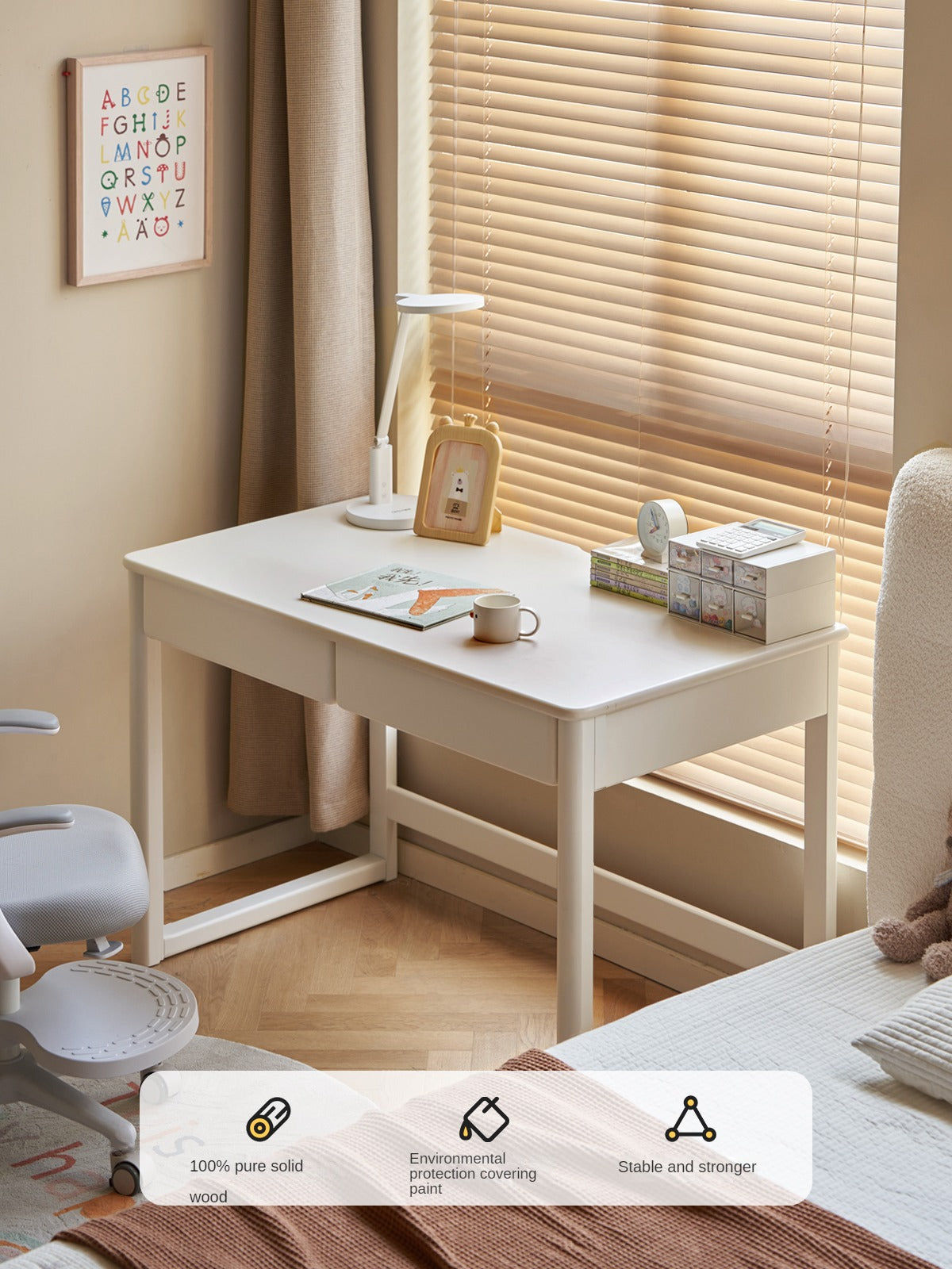 Poplar Solid Wood Study Table Writing Desk White Cream