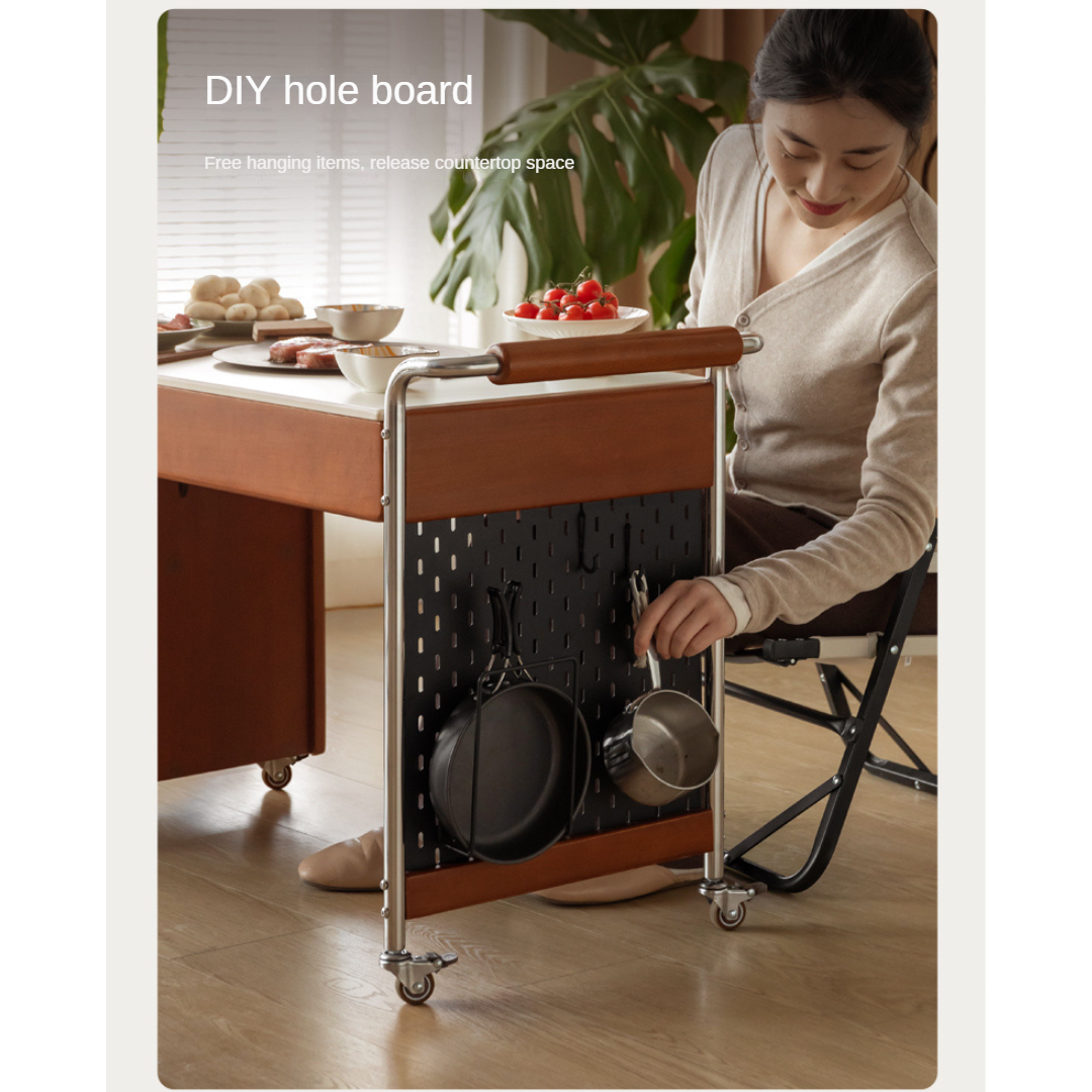 Poplar Solid Wood Coffee Table, Mobile Side Table for Making Tea Around The Stove.