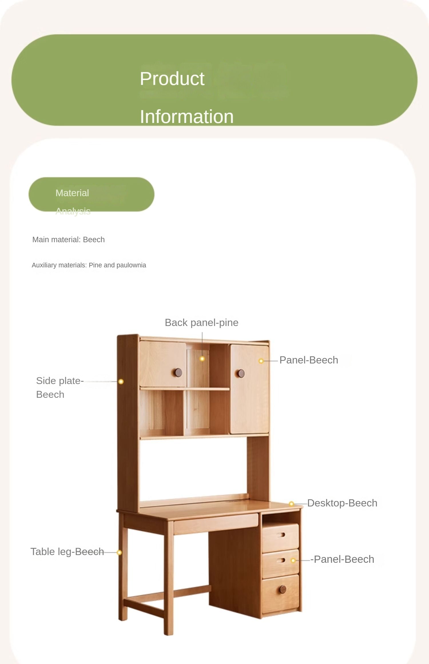Beech Solid Wood Kids Desk with Bookshelf, Scandinavian Minimalist Study Desk