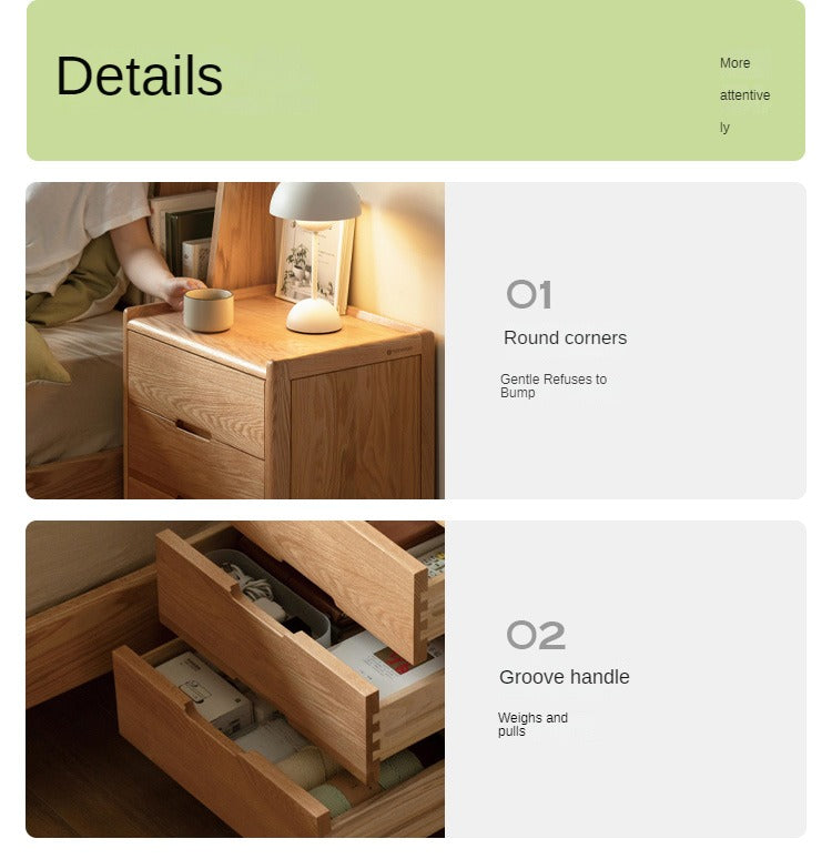 Oak Solid Wood, Solid Rubberwood Nordic Modern Nightstand.