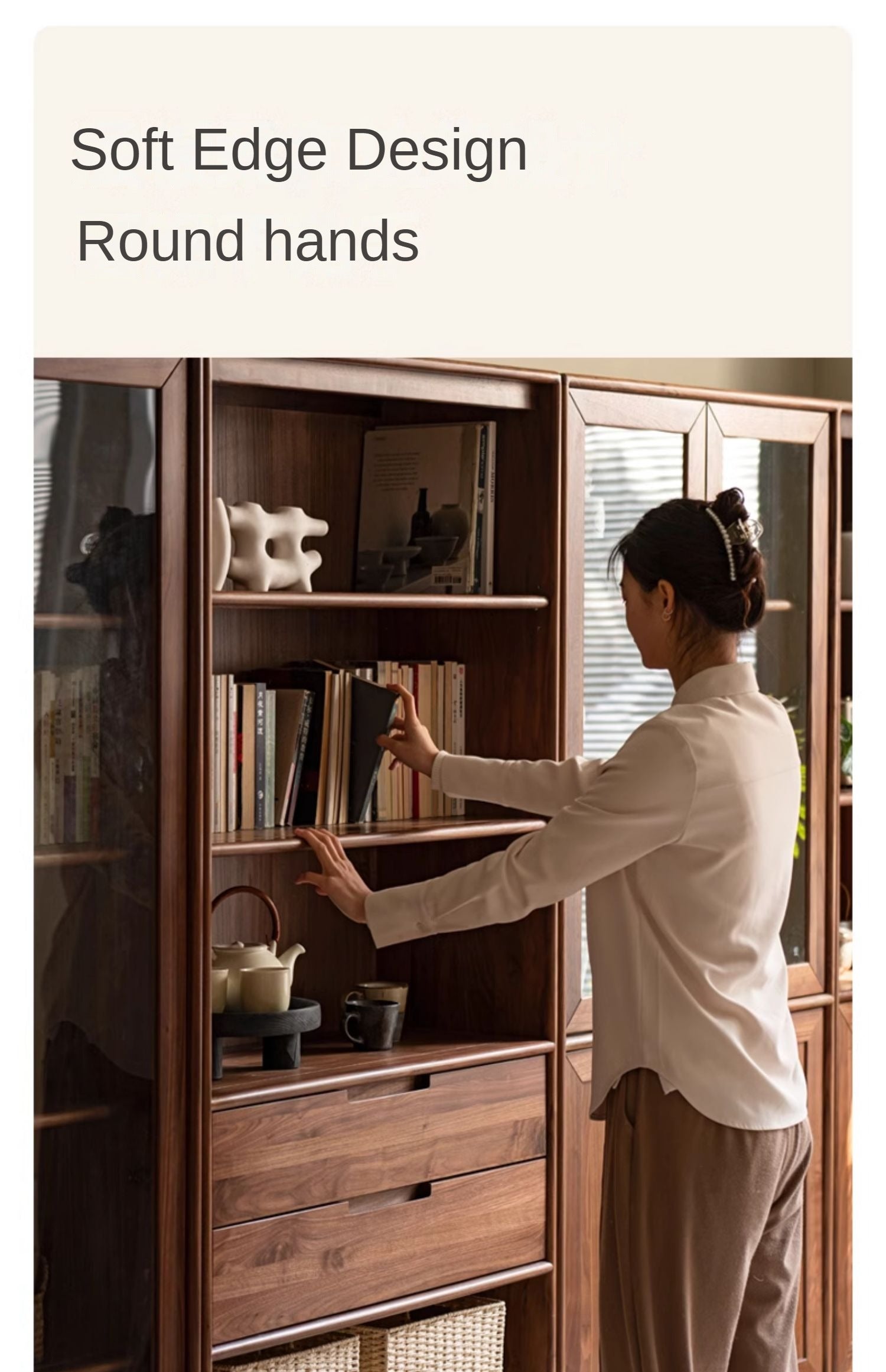 Black Walnut, Ash Solid Wood Combination Dust-Proof Glass Door Bookshelf