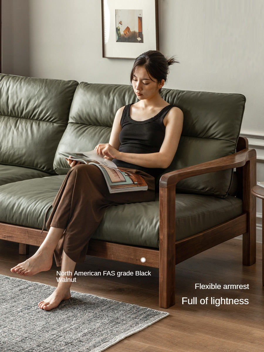 Black Walnut Solid Wood Light Luxury Leather Sofa.