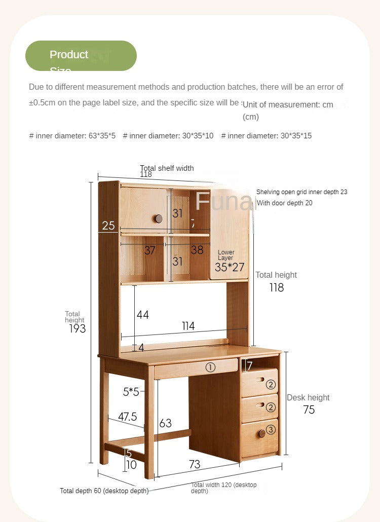 Beech Solid Wood Kids Desk with Bookshelf, Scandinavian Minimalist Study Desk