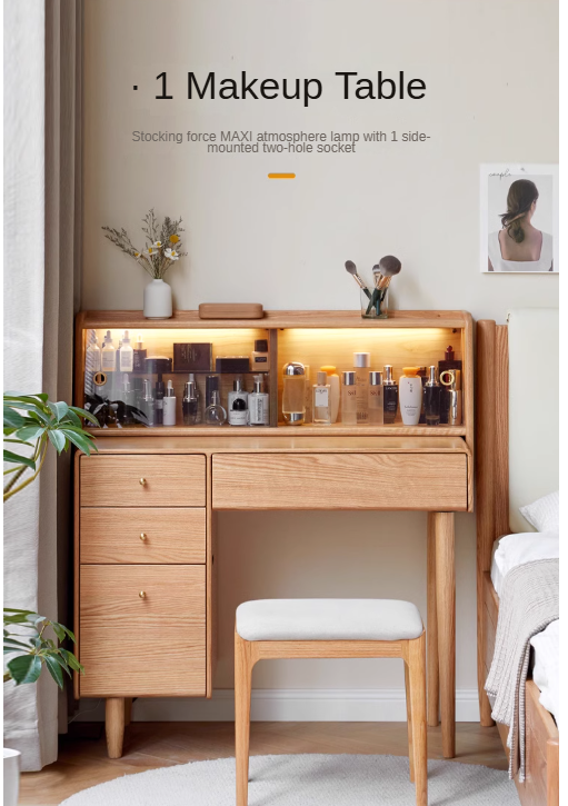 Oak Solid Wood Vanity Table Atmosphere With Lights.