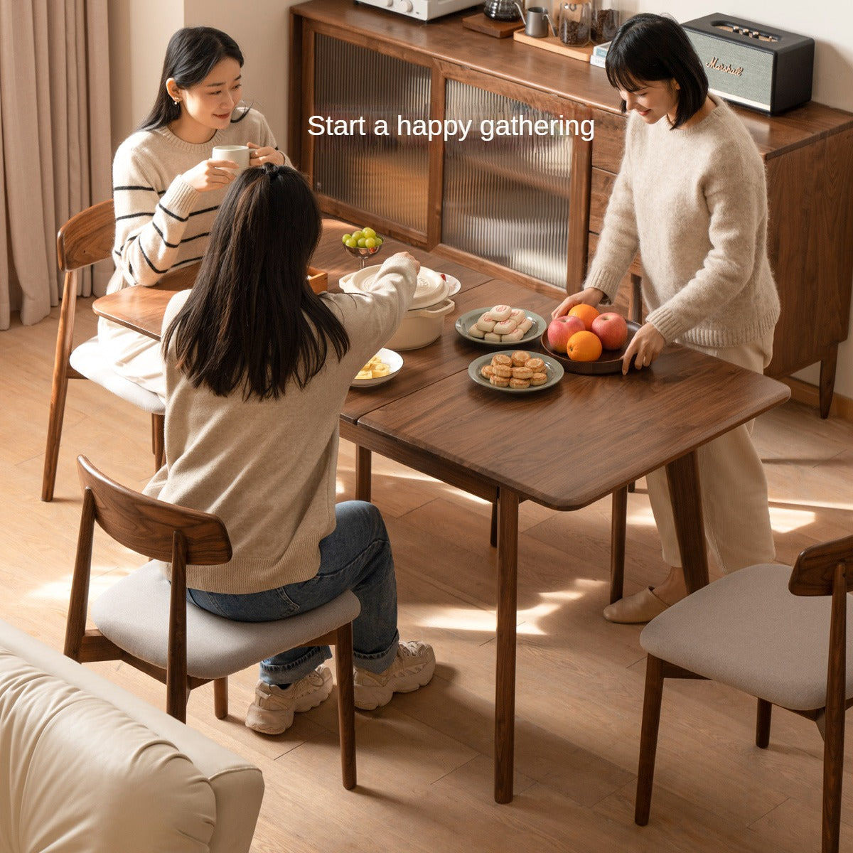 Black Walnut, Ash Solid Wood Telescopic Retractable Dining Table