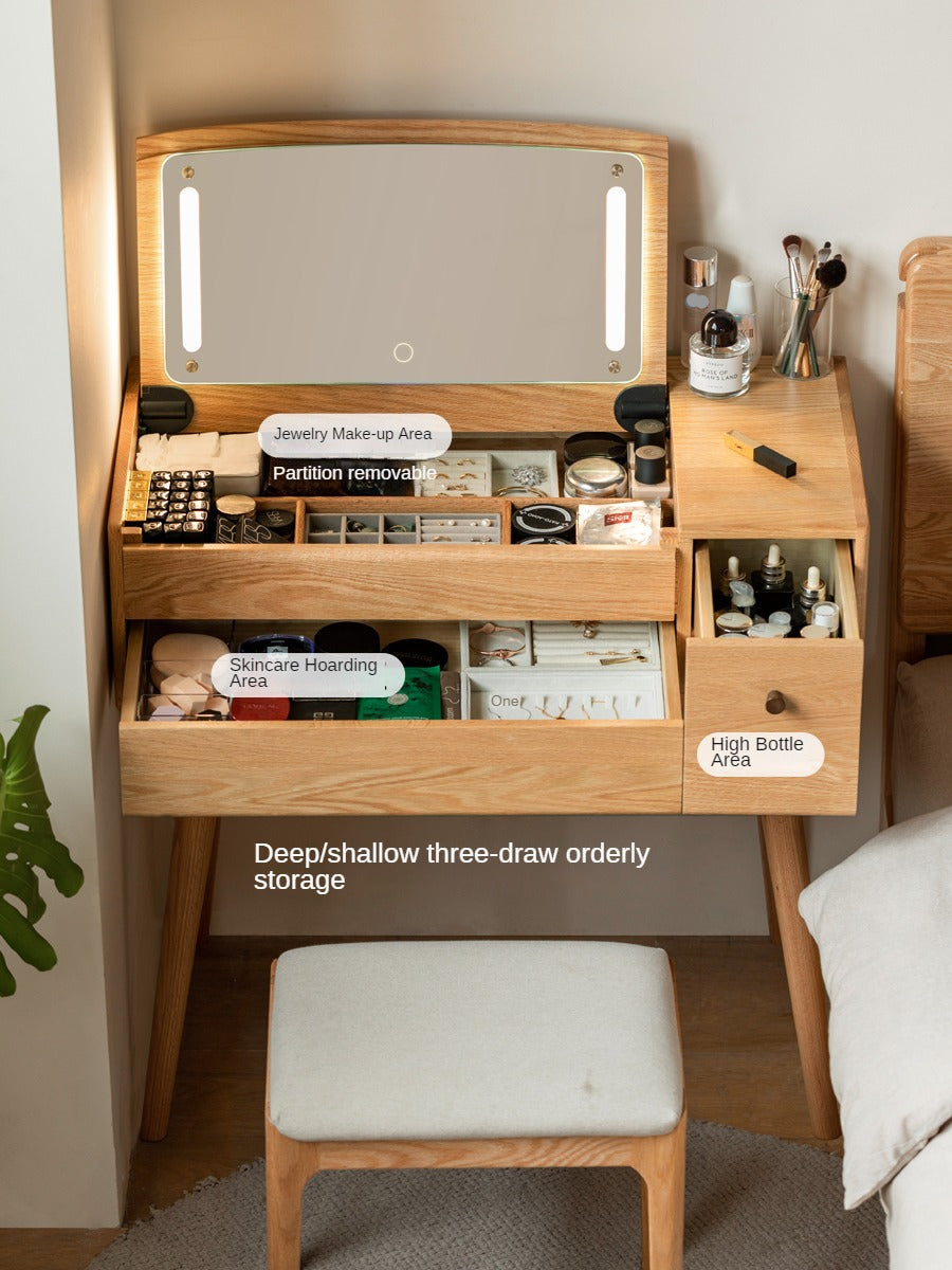 Oak Solid Wood, Solid RubberWood Dressing Table Mirror LED Touch Light.
