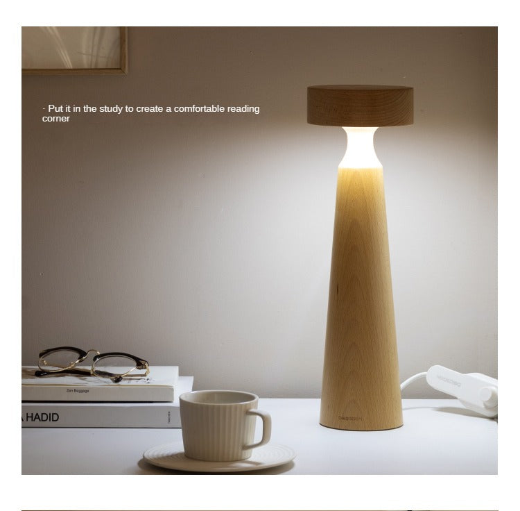 Beech solid wood table bedside mushroom LED light lamp"