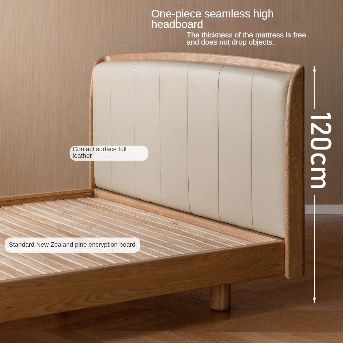 Ash Solid Wood Genuine Leather High Soft Back Bed