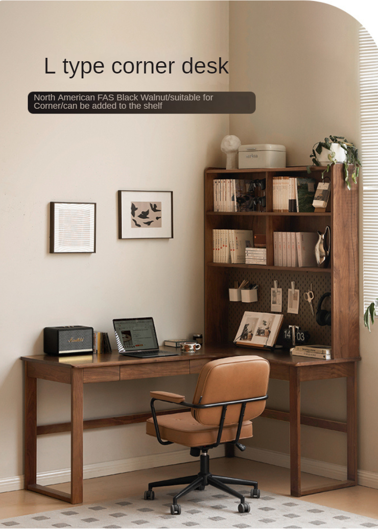 Oak Solid Wood Corner Desk Bookshelf
