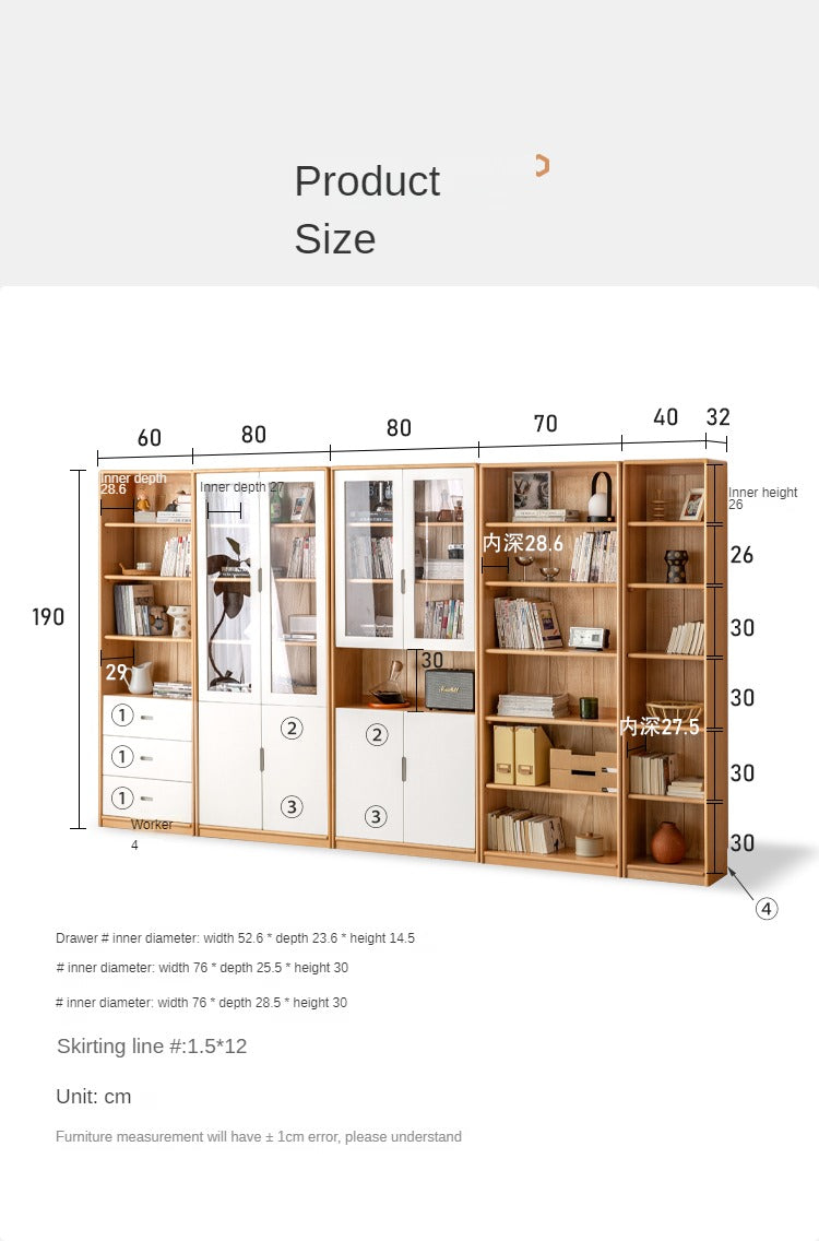 European Beech, Oak Solid Wood Floor-Standing Bookshelf with Glass Door Display