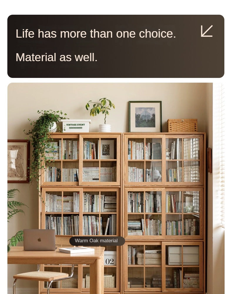 Black Walnut, Oak Solid Wood Sliding Door Bookcase