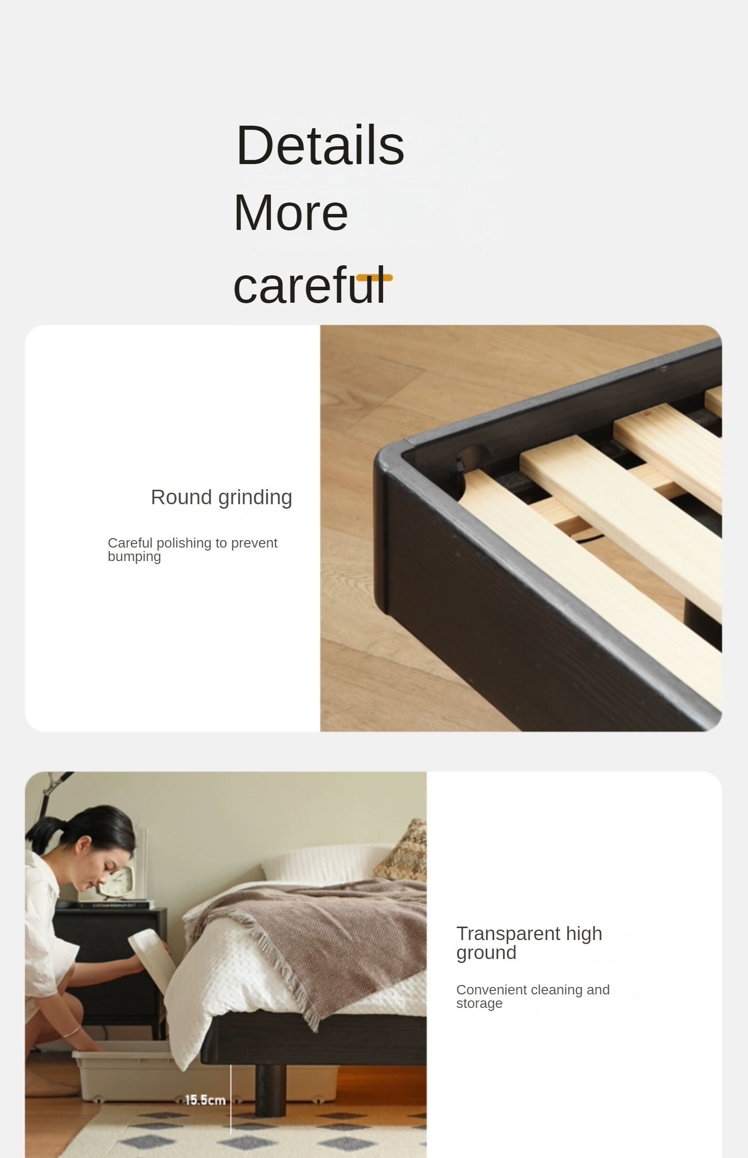 Oak solid wood Suspended platform bed, headboard-free bed Black with light