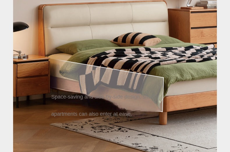 Cherry Solid Wood Bed with Retro Edge and Soft Headboard
