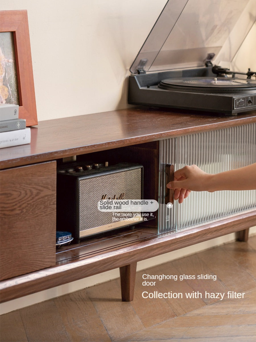 Oak, Solid Rubberwood, Beech Solid Wood TV Stand Glass Sliding Door