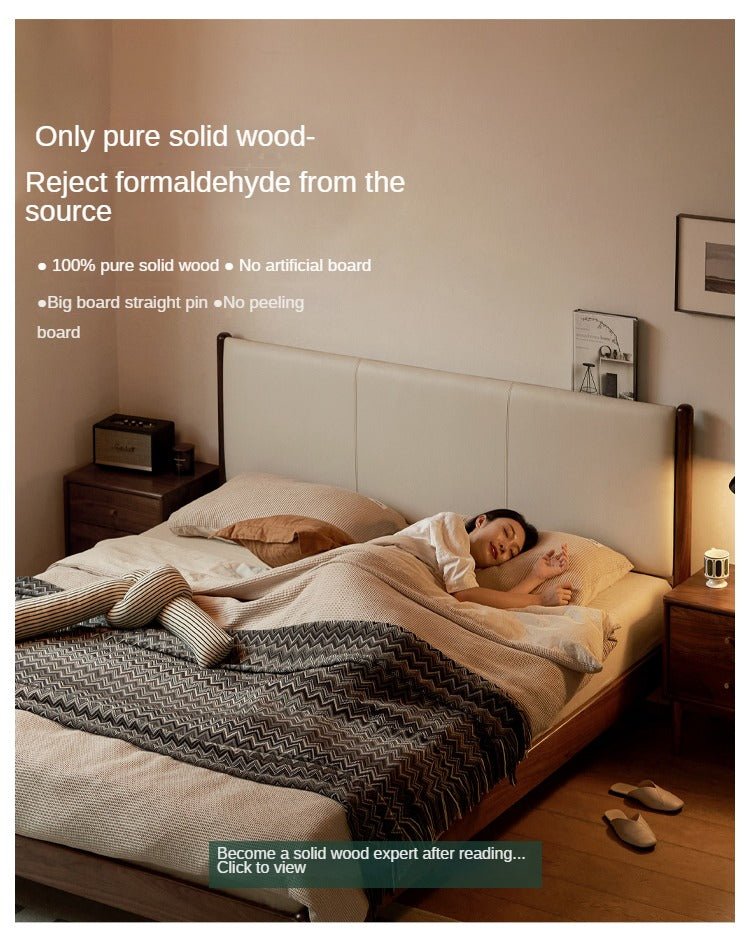 Oak,Black Walnut Solid Wood Top-Grain Cowhide Leather Bed