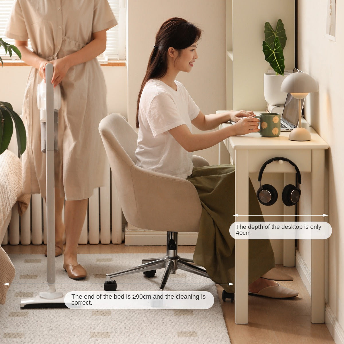 Rubber Solid Wood Modern Narrow Cream Style Drawer Desk