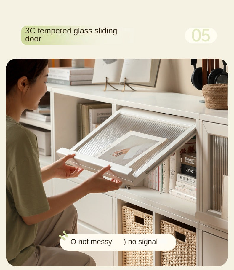 Poplar Solid Wood TV Cabinet Floor Cabinet Cream Style,