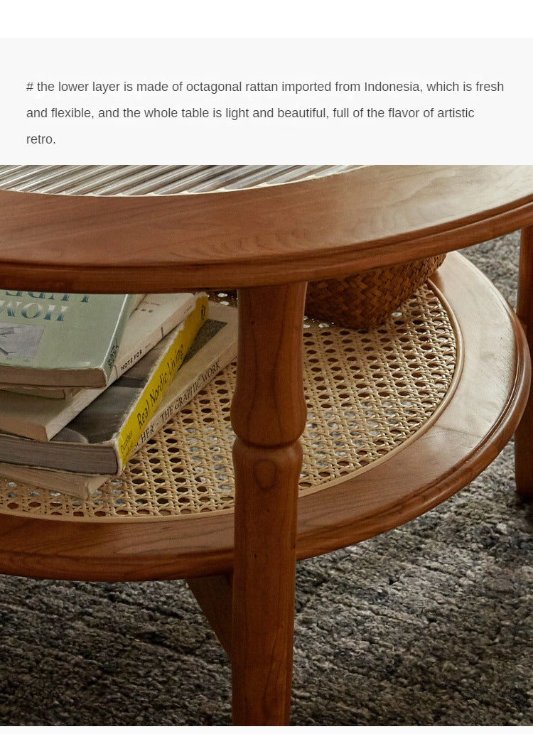 Cherry Wood Solid Wood Glass Round Coffee Table