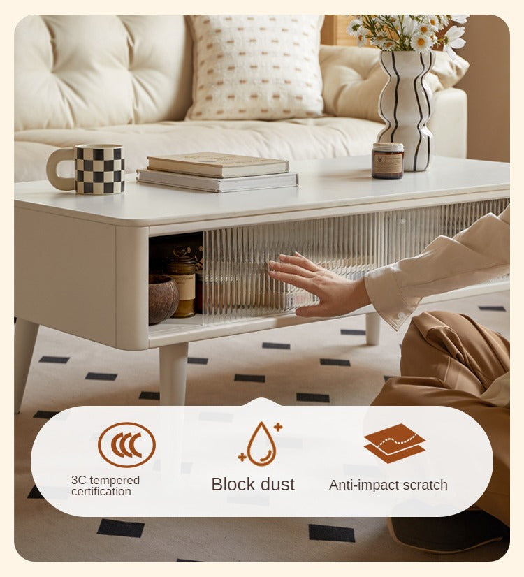 Rubber Solid Wood White Cream Style Rock Plate Coffee Table