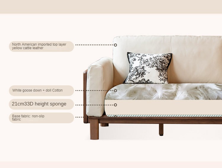 Black Walnut, Ash Solid Wood Leather High Back Sofa,