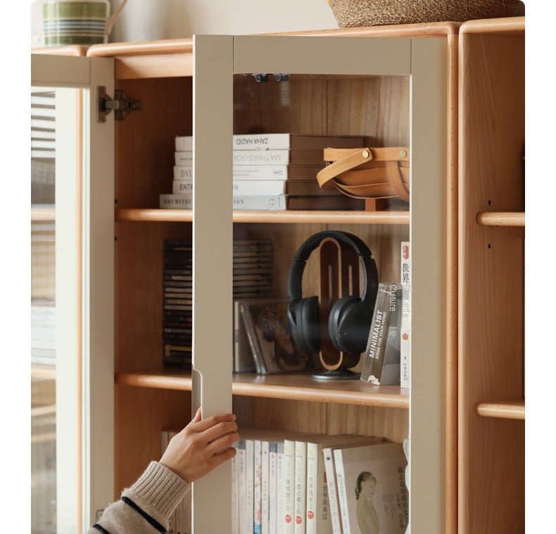 European Beech, Oak Solid Wood Floor-Standing Bookshelf with Glass Door Display