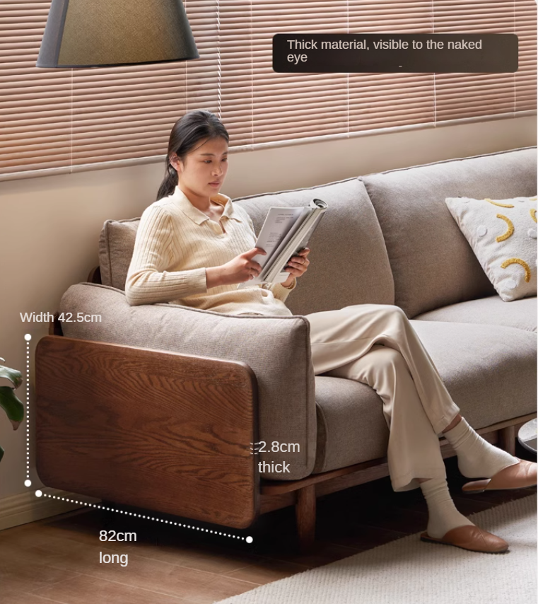 Oak Solid Wood Leather, Fabric Straight Sofa.