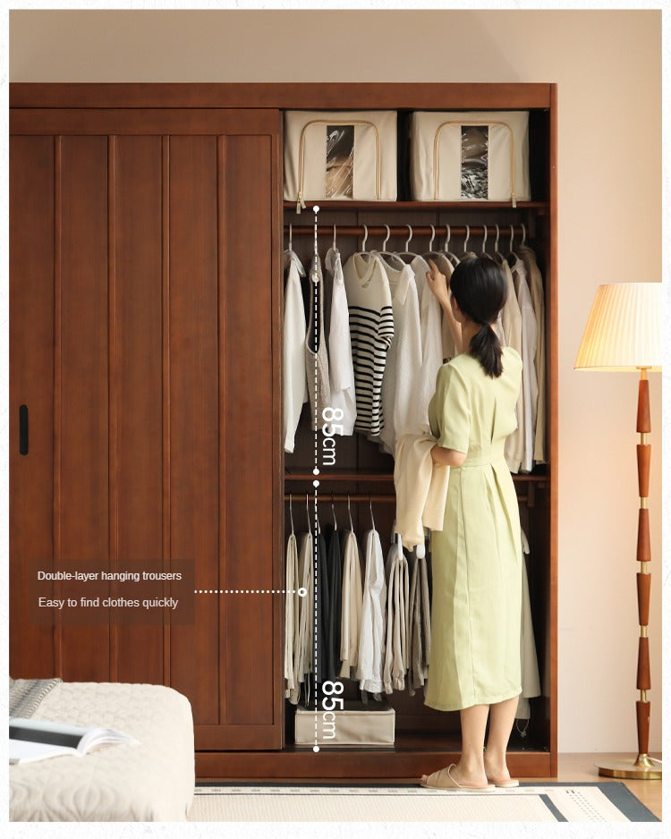 Poplar Solid Wood Wardrobe Retro Sliding Door Wardrobe.