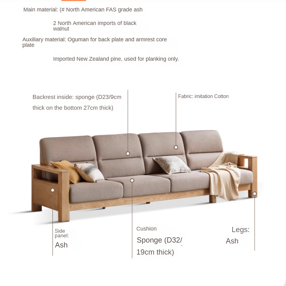 Ash, Black Walnut Solid Wood White Wax Fabric Sofa.
