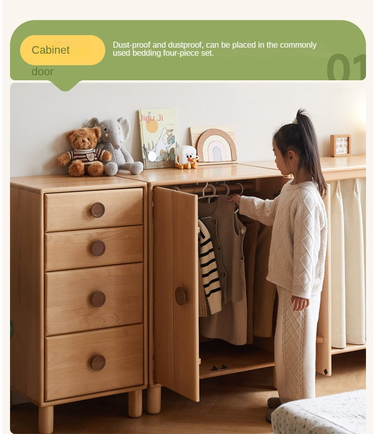 Beech, Rubber Solid Wood Children's Wardrobe,Combination Storage Cabinet