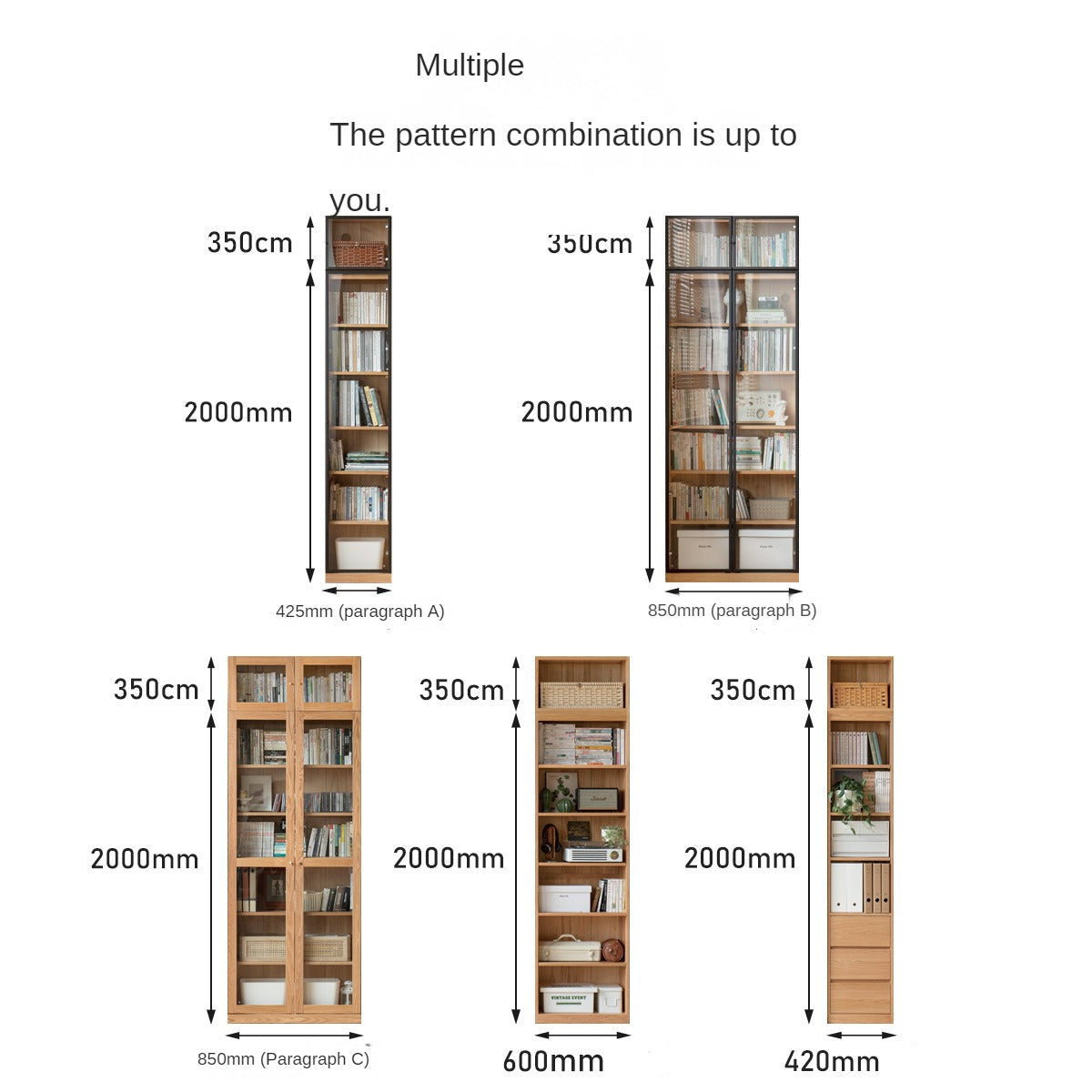 Oak, Solid Rubberwood Modern Bookcase Storage
