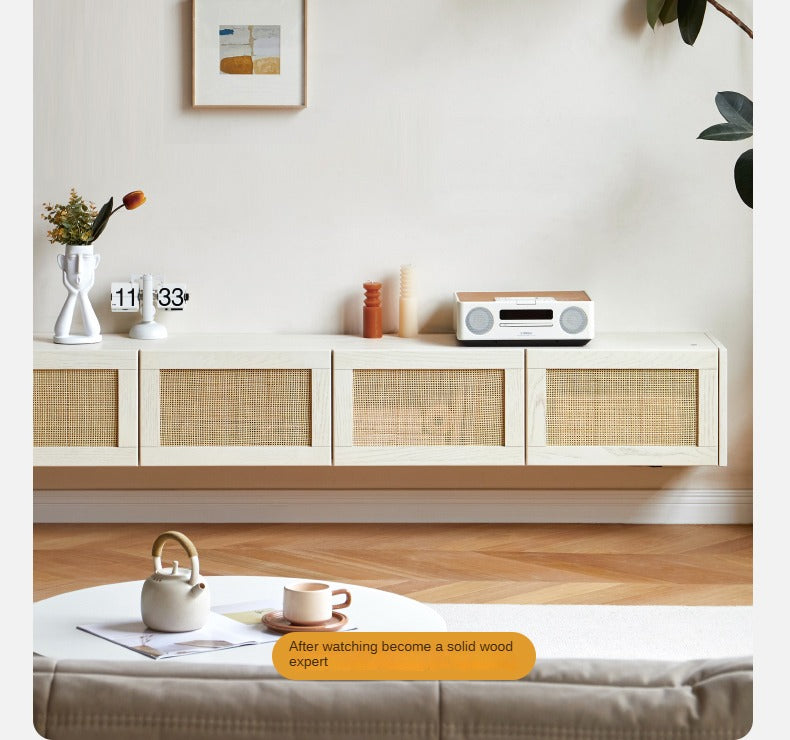 Oak Solid Wood Rattan Suspended TV Cabinet.