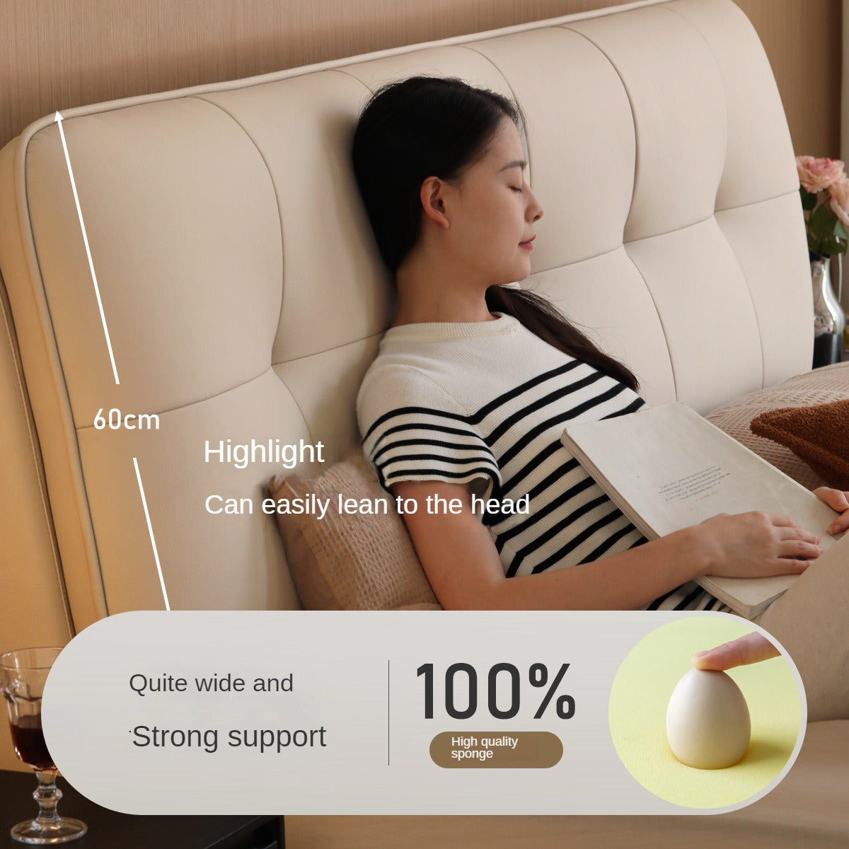 Fabric genuine leather soft bed puff cream style with light bed