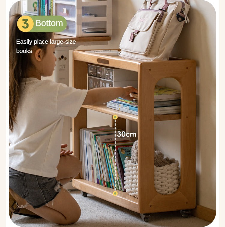 Beech Solid Wood Children's Under-Table Bookshelf with Wheels