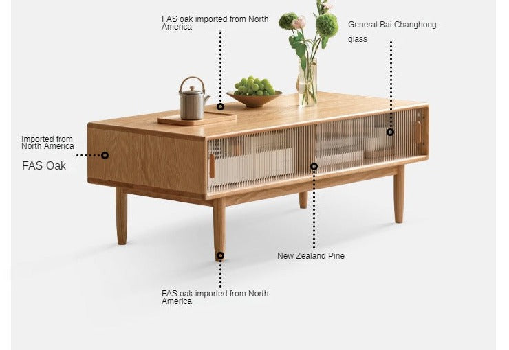 Oak, Beech, Solid Rubberwood Glass Doors Coffee Table