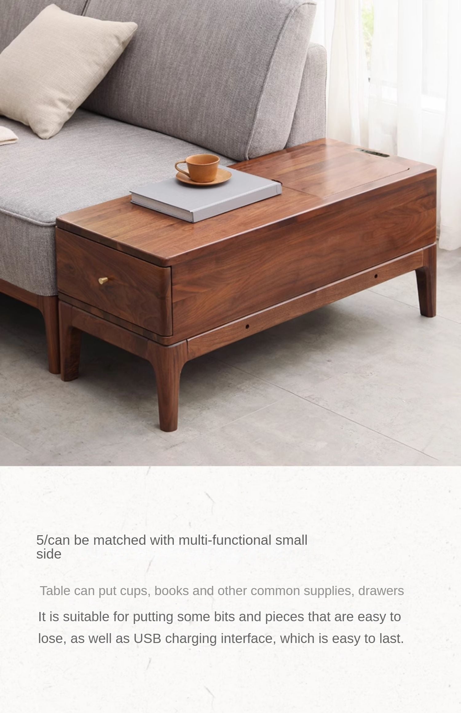 Black Walnut, Ash Solid Wood Fabric Chaise Longue Sofa.