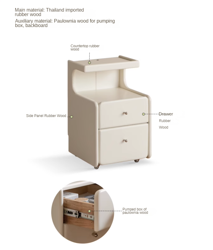 Solid RubberWood Movable Cream Style Nightstand With Light