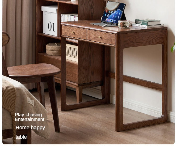 Oak Solid Wood Small Office Desk Walnut Color