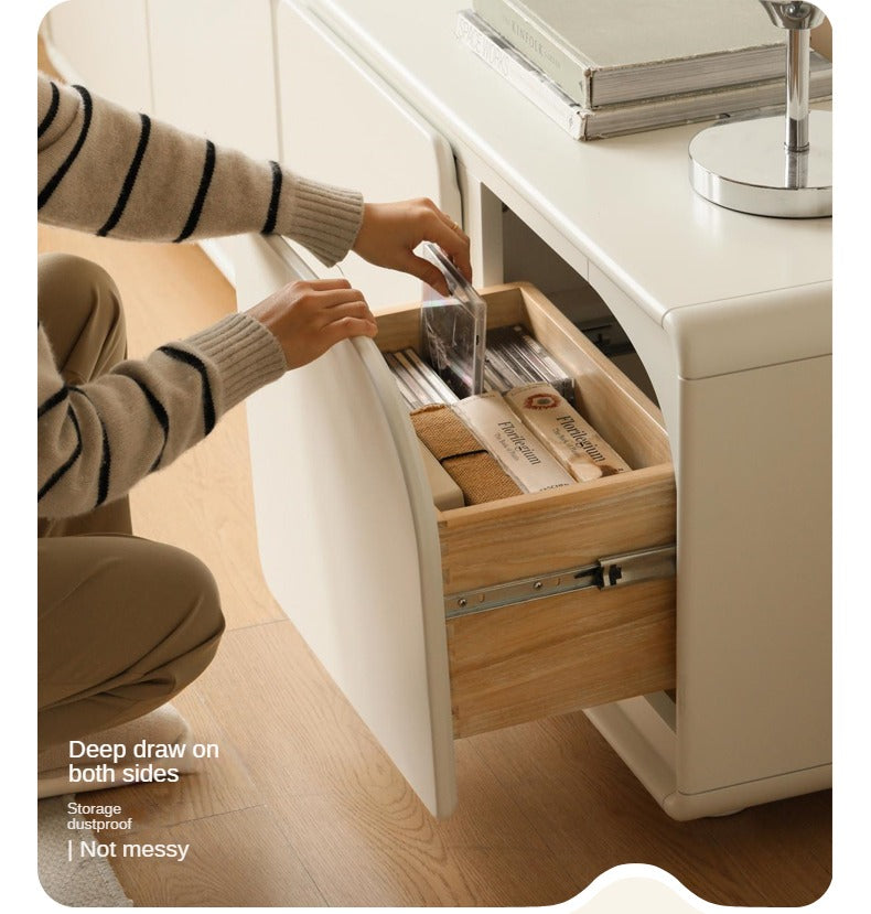 Poplar Solid Wood TV Cabinet Cream Style Floor Cabinet.