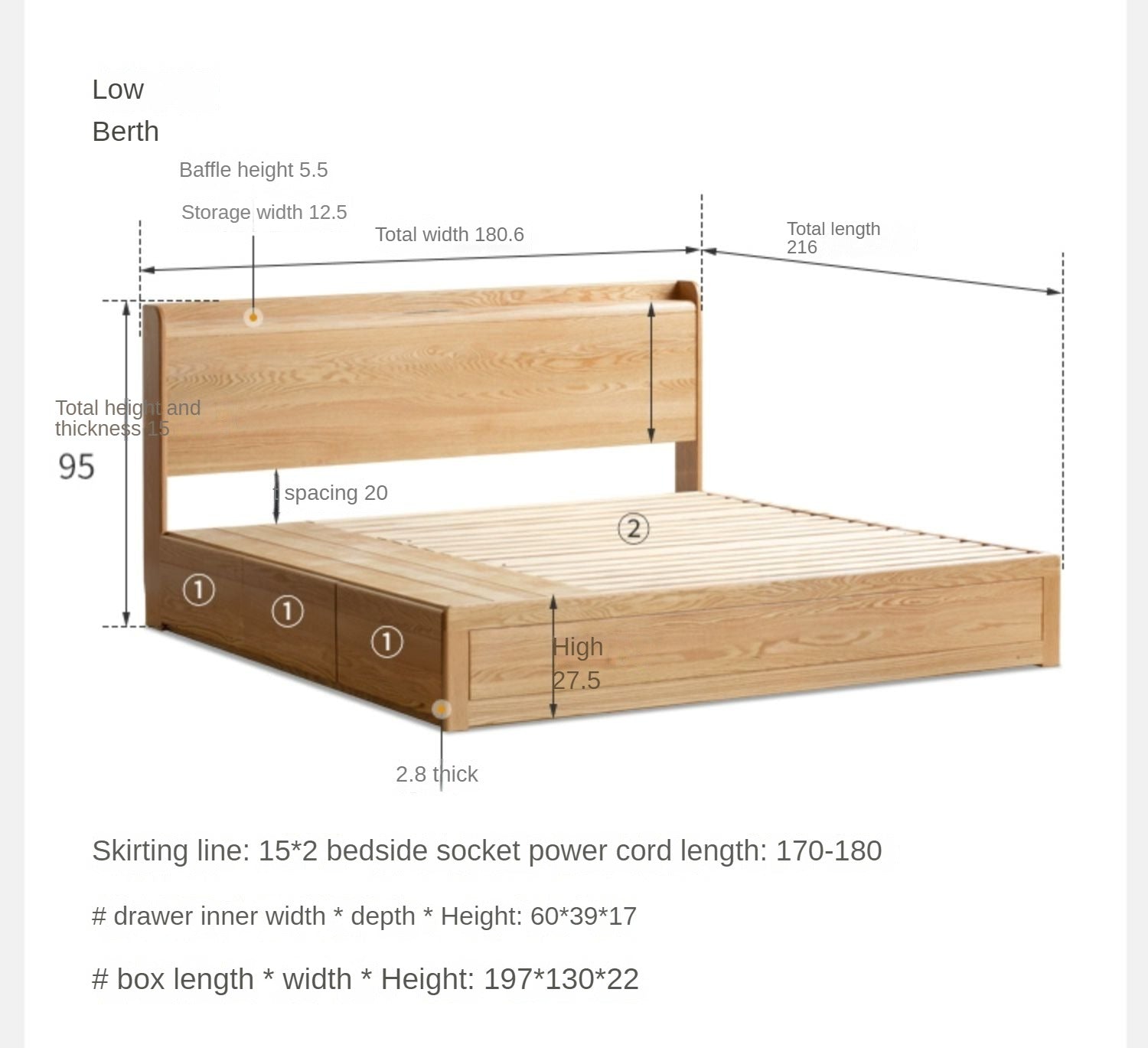 Oak Solid Wood Drawer Storage Bed with Sockets Box Bed